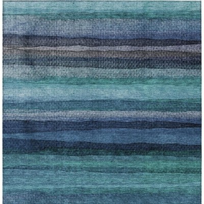 HomeRoots 9' X 12' Teal Blue Aqua And Navy Blue Striped Washable Indoor Outdoor Area Rug