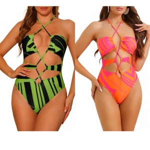 INSPIRE CHIC Women's Halter Allover Print Criss Cross Color Block String Cut Out Bikini Swimwear Bathing Suits 2 Set - 1 of 4