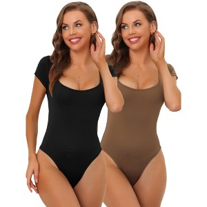 Allegra K Women's Square Neck Tummy Control Short Sleeve Adult Bodysuits 2 Pcs - 1 of 4