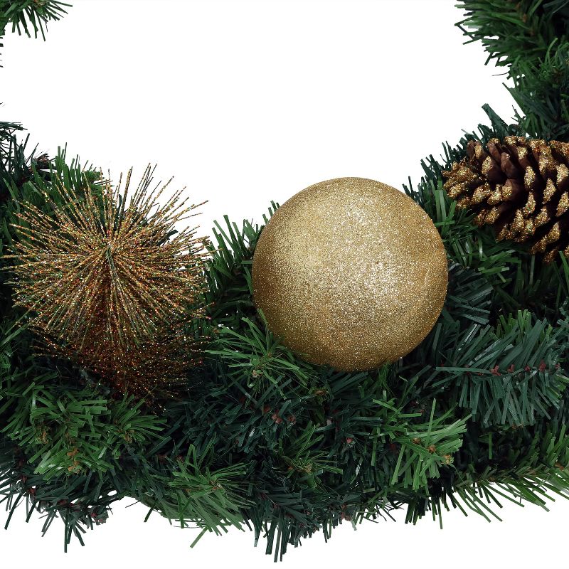 Sunnydaze Indoor/Outdoor Artificial Unlit Christmas Holiday Wreath with Golden Baubles and Pinecones - 24" - Green, 4 of 7