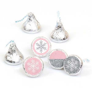 Big Dot of Happiness Pink Winter Wonderland - Snowflake Party or Baby Shower Round Candy Sticker Favors - Labels Fits Chocolate Candy (1 Sheet of 108) - 1 of 4