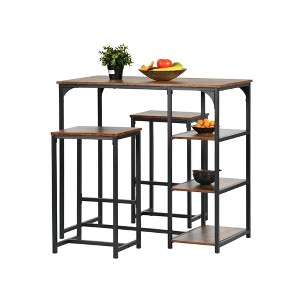 FurnitureR Dining Table Set for 2, 3-Piece Rectangular Bar Table for 2 Person with 3-Tiers Side Storage Shelves and Stools, Brown - 1 of 4