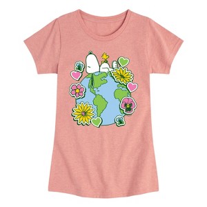 Girls' - Peanuts - Snoopy Woodstock Earth Stickers Fitted Short Sleeve Graphic T-Shirt - 1 of 4