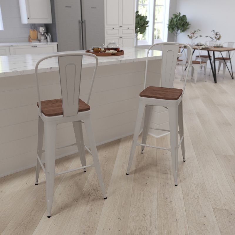Merrick Lane Metal Dining Stool with Curved Slatted Back and Textured Wood Seat, 3 of 17