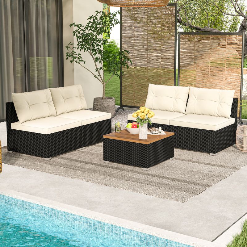 Tangkula 5 Pieces Outdoor Patio Furniture Set Sectional PE Rattan Sofa Set with Cushions and Acacia Wood Coffee Table, 3 of 10