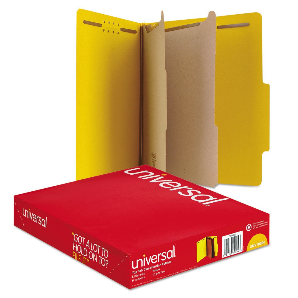 UPC 087547103043 product image for Universal Pressboard Classification Folders, Letter, Six-Section, Yellow, 10/Box | upcitemdb.com