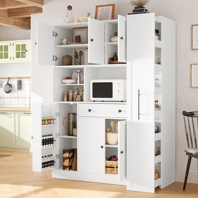 Farmhouse Buffet with Hutch and Pull-Out Cabinet,MDF Kitchen Pantry Cabinet with Adjustable Shelves,Large Freestanding Pantry Cabinet-Coolbibila