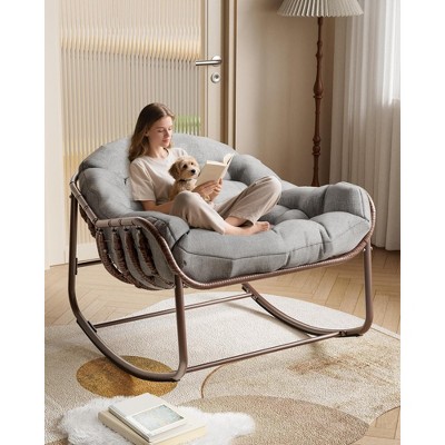 Outdoor Rocking Chair, Oversized Wicker Lounge Chair with Cushion and Metal Frame, Patio Rattan Egg Rocker for Balcony Backyard Porch Bedroom
