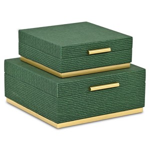 HomeRoots Set of Two Green And Gold Striped Square Nesting Storage Boxes With Lids - 1 of 4