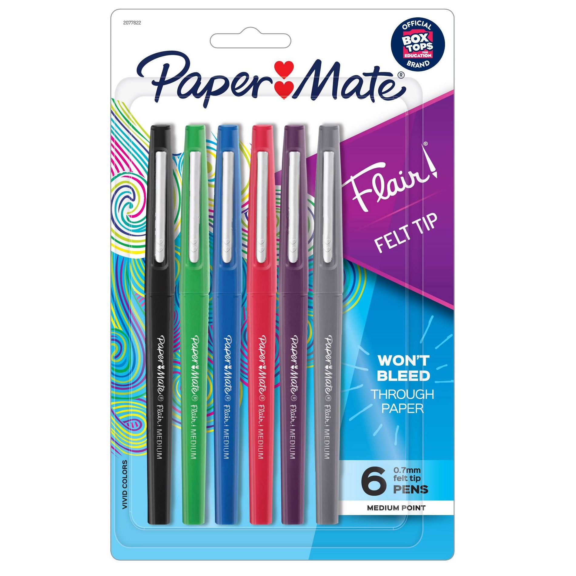 Paper Mate Flair 6pk Felt Pens 0.7mm Medium Tip Multicolored: Porous Point, Illustration & Drawing, Fade-Resistant, Durable