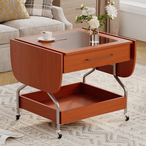 TIRAMISUBEST Modern Extended Coffee Table with Wheels, Folding Coffee Table with 1 drawer and 2-Tier Storage, Metal Frame Coffee Table for Living Room - 1 of 4