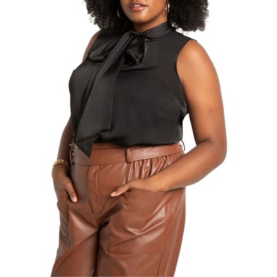 ELOQUII Women's Plus Size Sleeveless Satin Bow Blouse