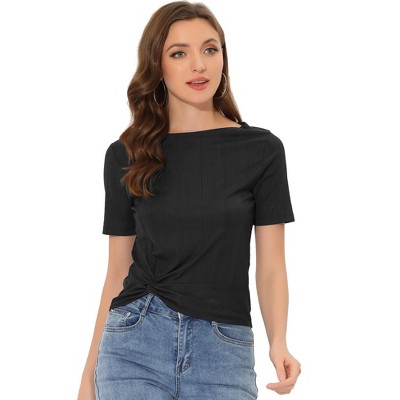 Allegra K Women's Summer Casual Boat Neck Short Sleeve Twist Knot Crop T-Shirt