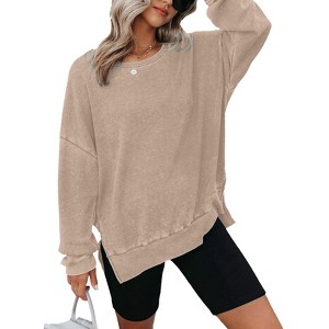 BLUEMING Sweatshirt for Women Oversized Waffle Knit Crewneck Sweatshirts Long Sleeve Side Slits Pullover Tops - 1 of 4