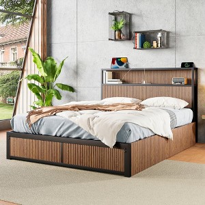 PDTEND Queen Brown Wood Storage Bed Frame with Large Raised Pattern design, Multiple Drawers & Bedside Socket - 1 of 4