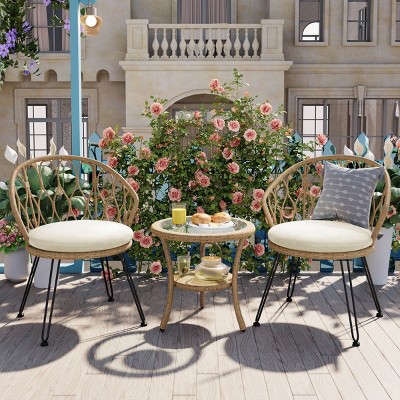 3 Piece Outdoor Patio Leisure Set,Rattan Garden Patio Bistro Set,Fabric Upholstered Rattan Chairs Set of 2 with Round Table-Coolbibila