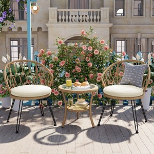 3 Piece Outdoor Patio Leisure Set,Rattan Garden Patio Bistro Set,Fabric Upholstered Rattan Chairs Set of 2 with Round Table-Coolbibila - 1 of 4