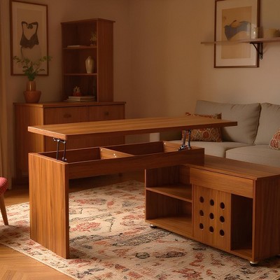Vynxaria 55.1" L-Shaped Height Adjustable Desk with Storage, Walnut Finish