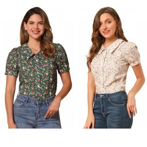 INSPIRE CHIC Women's Puff Short Sleeves Point Collar Button Down Floral Shirts 2 Packs - 1 of 4
