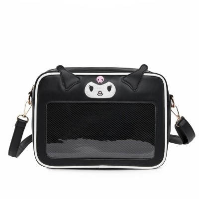 Paaaawaters Women's Crossbody Bag with Kuromi Pattern Cat Ears Mesh Panel Black 25.5x19x8 cm