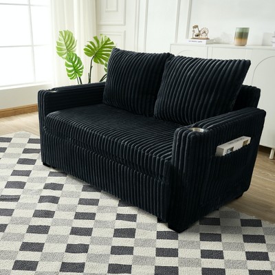TiramisuBest Corduroy Sleeper Sofa 5 Reclining USB Port Cup Holder Pull-Out Sleeper Sofa Storage Apartment-Size Living Room, Black