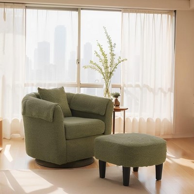 COMHOMA Swivel Accent Chair with Ottoman, Chenille Barrel Armchair Set, Removable Back Pillow & Armrest Covers