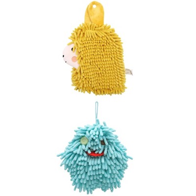 REGALWOVEN 2 Packs Cute Cartoon Alpaca Fuzzy Ball Hand Drying Hanging Ball Towels for Bathroom 7" x 7"/7" x 11"