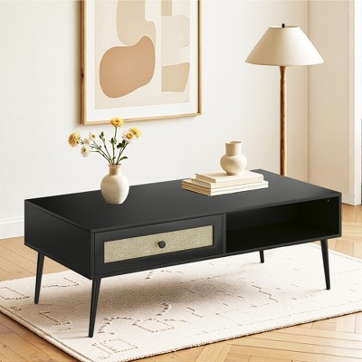 MAYEERTY 47-Inch Black Modern Coffee Table - Wooden 2-Tier Rectangular Center Table with PVC Rattan Door Drawer
