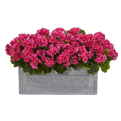 Nearly Natural 18 in Geranium Artificial Plant in Stone Planter UV Resistant (Indoor/Outdoor)