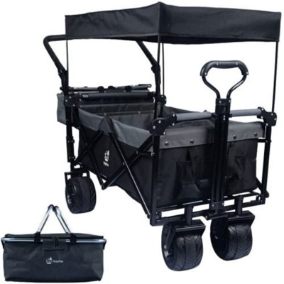 FURNIinspire Outdoor Serving Carts Collapsible Wagon Foldable with Removable Canopy Wheels for All-Terrain Brake for Camping, Black, 35.4"*19.7"*44.5"