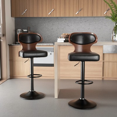 Brown Two-Piece PU Leather Bar Stool Set with High Density Foam and L-Shaped Curved Backrest