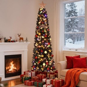 6FT Pre-Lit Artificial Christmas Tree, Black Pencil Christmas Tree with 250 LED Lights, Xmas Tree For Home Office Party Holiday Decoration - 1 of 4