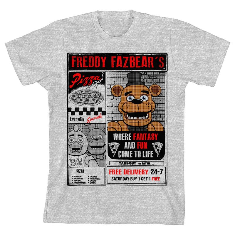 FNAF Freddy Fazbear's Pizza Flyer Boy's Heather Grey T-shirt, 1 of 2