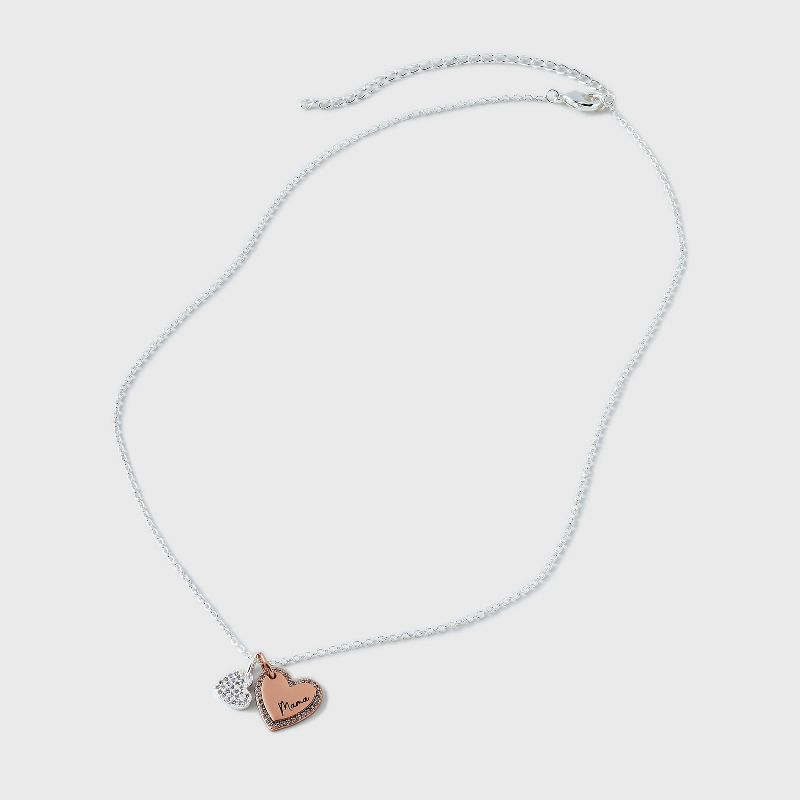 Silver Plated Two Tone &#34;Mama&#34; Cubic Zirconia Double Heart Pendant Necklace - Silver/Rose Gold, 3 of 5