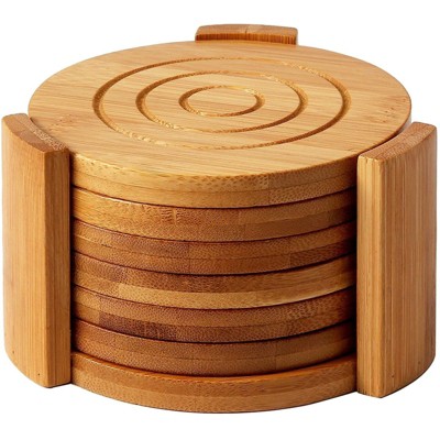 Juvale Set of 6 Bamboo Wood Drink Coasters with Holder, Contemporary Design, Tan, Round 4.3 in