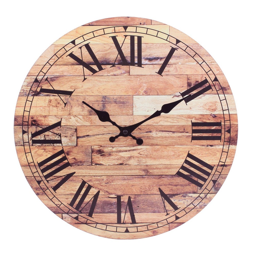 14" Wooden Roman Numeral Wall Clock Brown - Stonebriar Collection: MDF Composite, Traditional Decor, Indoor Use