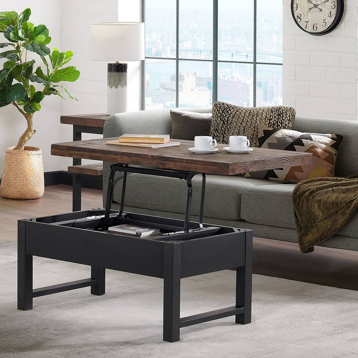 42" Pomona Coffee Table: Rustic Lift-Top Storage, Distressed Pine Wood, Industrial Style, Black Frame - thumbnail 2