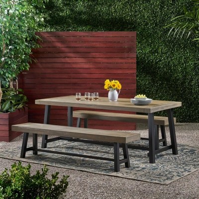 CAVINAS Outdoor Patio Table and Chairs, Acacia Wood Out Door Table and Chairs Weather Resistant with 2 Benches for Patio, Brown+Black