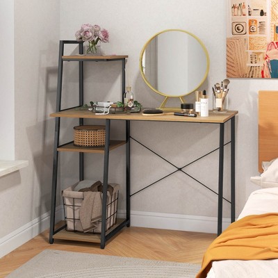 Natural Wood and Metal 4-Tier Computer Desk with Shelves