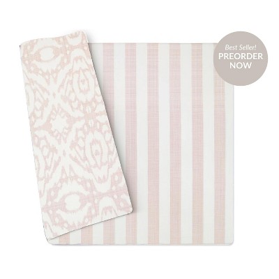 Wander & Roam Reversible Baby PlayMat - Large, Emerson Ikat + Jack Stripe Design - Rose Pink