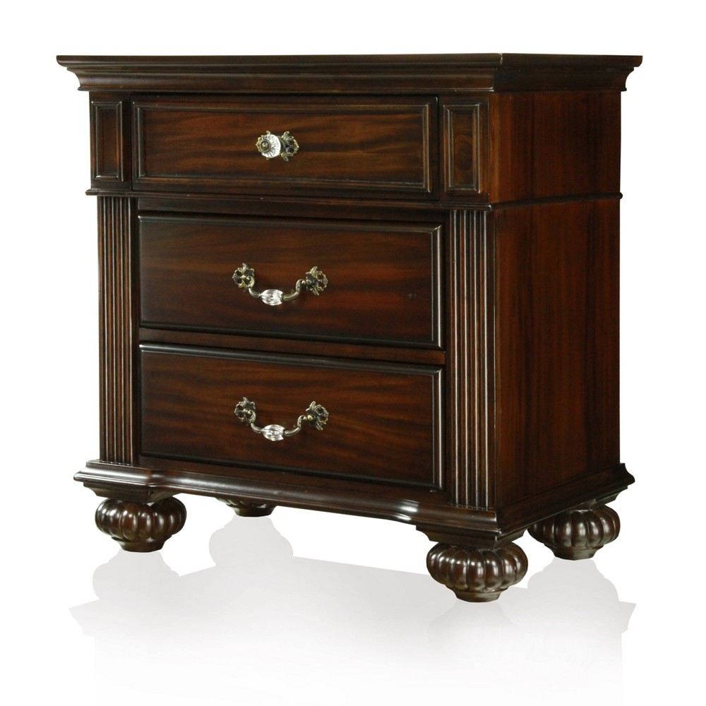 Pennings 3 Drawer Nightstand with Bun Feets Dark Walnut - HOMES: Inside + Out: Elegant Bedside Furniture, Antique Brass Handles