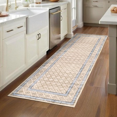 Washable Area Rugs Modern Bordered Floor Cover, Non-Slip Geometric Accent Carpet, Stain-Resistant Low Pile Indoor Mat