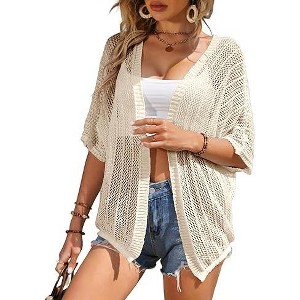 Womens Short Sleeve Mesh Cardigan Drop Shoulder Cardigan Semi-Sheer Sweater Cardigan Lightweight Beach Cover Up - 1 of 1