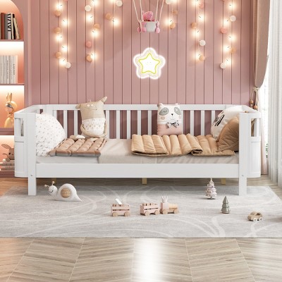 Platform Bed with Headboard and Guard Rails, Low Profile Wood Frame Bed for Kids Room-Baofuwish