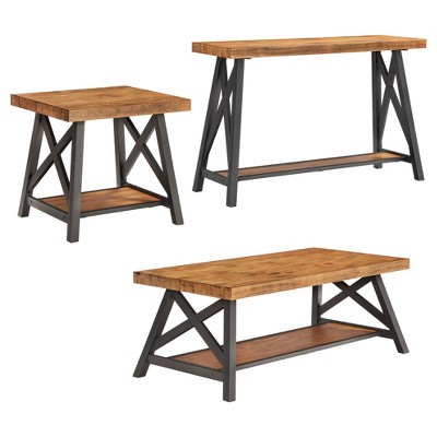 Lanshire Rustic Industrial Metal & Wood End, Console & Cocktail Table Set - Oak - Inspire Q