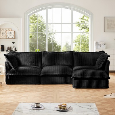 Slipcovered Sectional Sofa, 3 Seater Sofa with Removable Cover, Sofa Couch with Ottoman, Corduroy Fabric Sectional Sofas-Cuddlewood