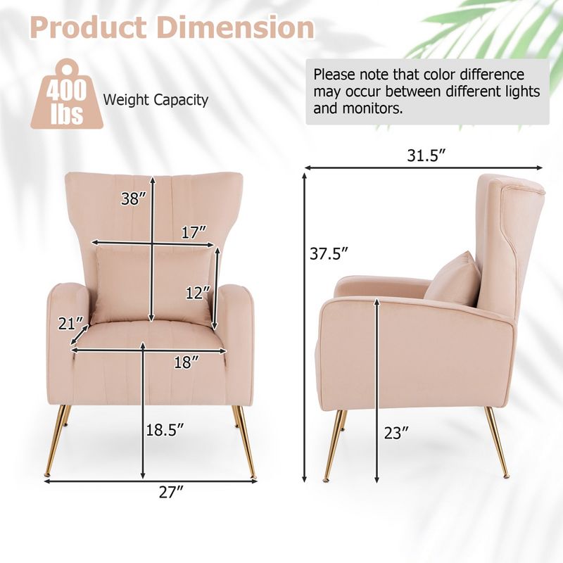Costway Velvet Upholstered Wingback Chair with Lumbar Pillow & Golden Metal Legs Grey/Pink/Turquoise/White, 3 of 9