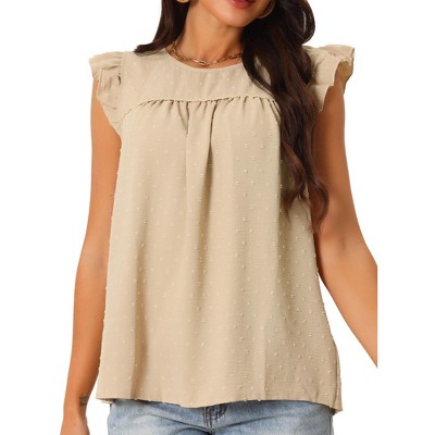 Seta T Women's Swiss Dots Casual Summer Crewneck Ruffle Sleeveless Shirt