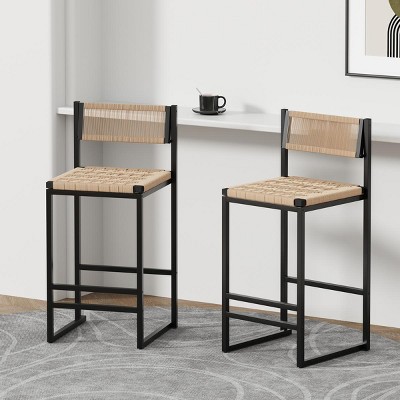 34.8" Honey Farmhouse Bar Stools with Woven Paper Rope Seat and Metal Frame, Set of 2 Counter Height Chairs for Kitchen or Dining Room -3irtyhousy