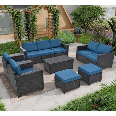ELJGET 10PCS Outdoor Patio Wicker Furniture Set Cushioned Sectional Sofa Storage Coffee Table Peacock Blue Cushion